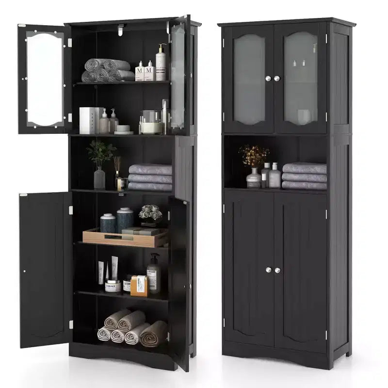 64.5 Tall Bathroom Cabinet with Tempered Glass Doors Adjustable Shelves White/Black