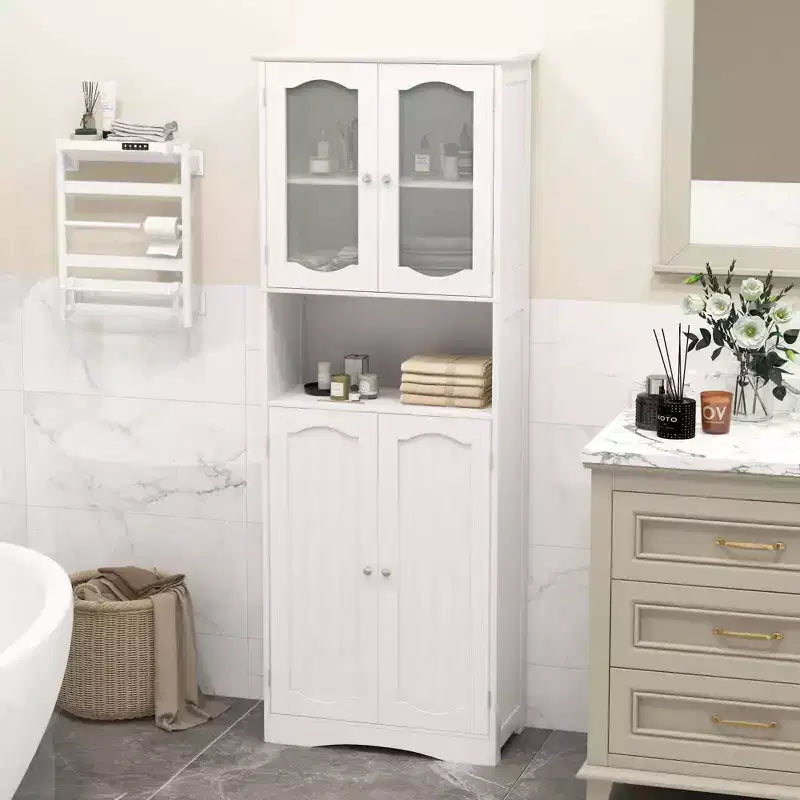 64.5 Tall Bathroom Cabinet with Tempered Glass Doors Adjustable Shelves White/Black