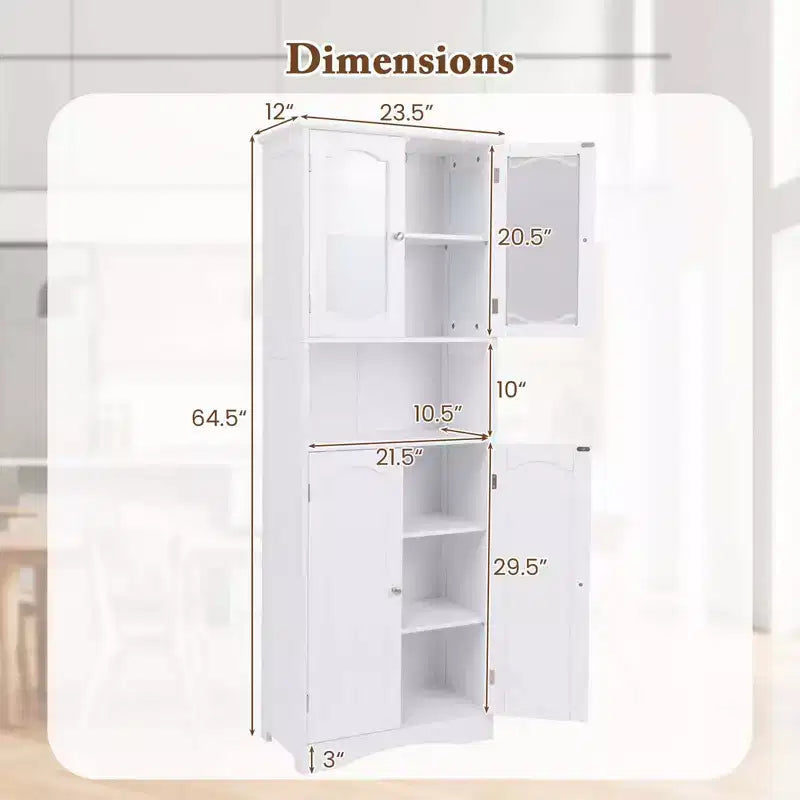 64.5 Tall Bathroom Cabinet with Tempered Glass Doors Adjustable Shelves White/Black