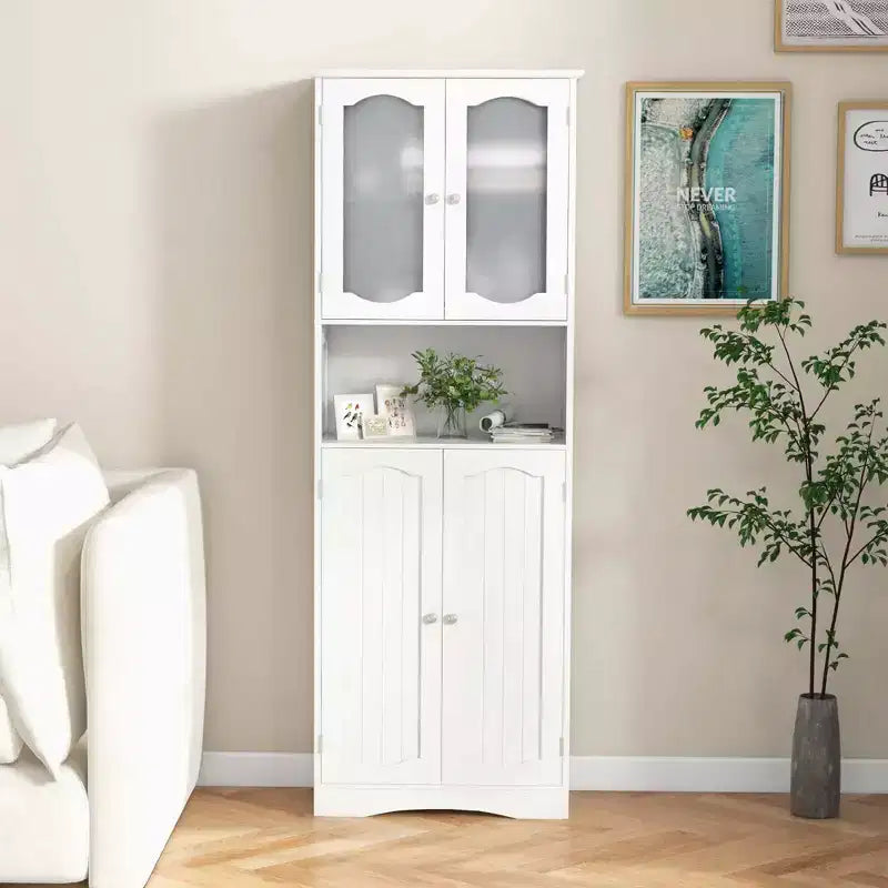 64.5 Tall Bathroom Cabinet with Tempered Glass Doors Adjustable Shelves White/Black