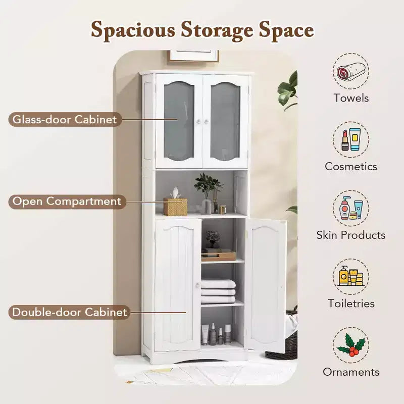 64.5 Tall Bathroom Cabinet with Tempered Glass Doors Adjustable Shelves White/Black