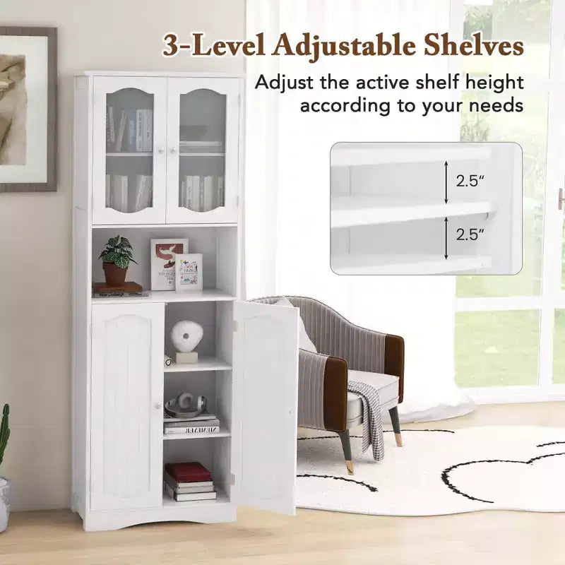 64.5 Tall Bathroom Cabinet with Tempered Glass Doors Adjustable Shelves White/Black