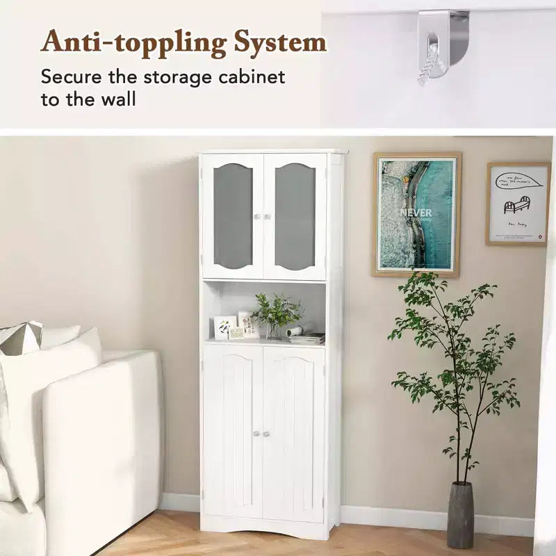 64.5 Tall Bathroom Cabinet with Tempered Glass Doors Adjustable Shelves White/Black