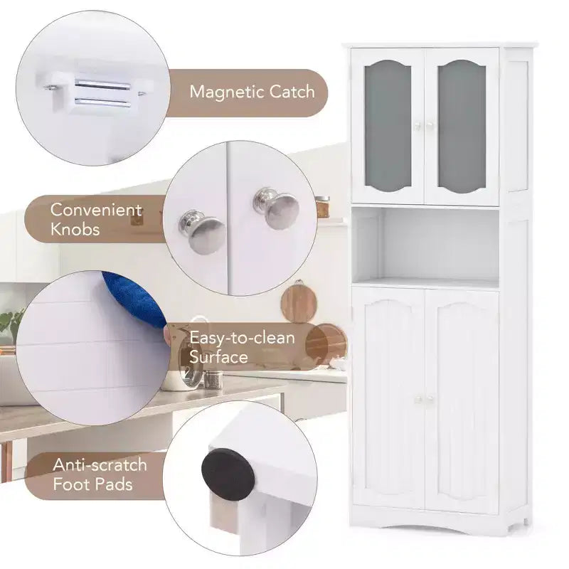 64.5 Tall Bathroom Cabinet with Tempered Glass Doors Adjustable Shelves White/Black