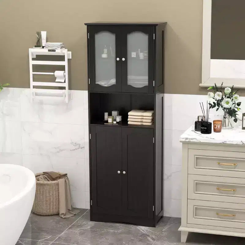 64.5 Tall Bathroom Cabinet with Tempered Glass Doors Adjustable Shelves White/Black