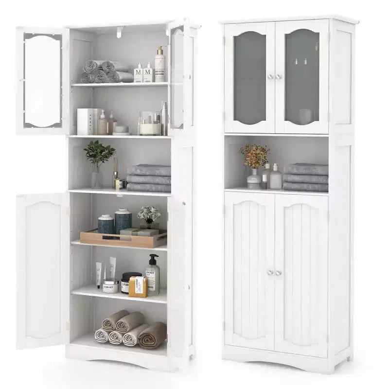 64.5 Tall Bathroom Cabinet with Tempered Glass Doors Adjustable Shelves White/Black
