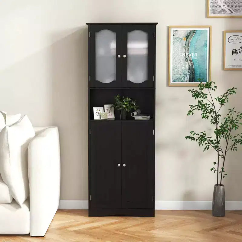 64.5 Tall Bathroom Cabinet with Tempered Glass Doors Adjustable Shelves White/Black