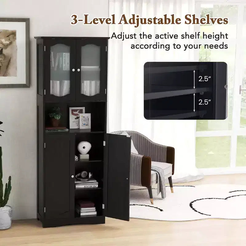 64.5 Tall Bathroom Cabinet with Tempered Glass Doors Adjustable Shelves White/Black