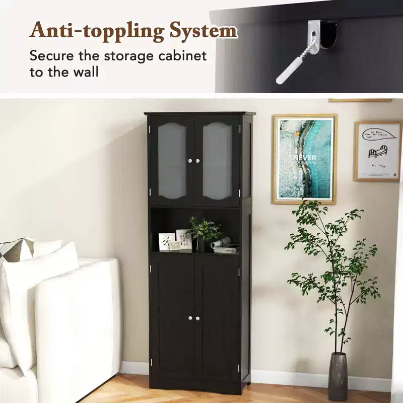 64.5 Tall Bathroom Cabinet with Tempered Glass Doors Adjustable Shelves White/Black