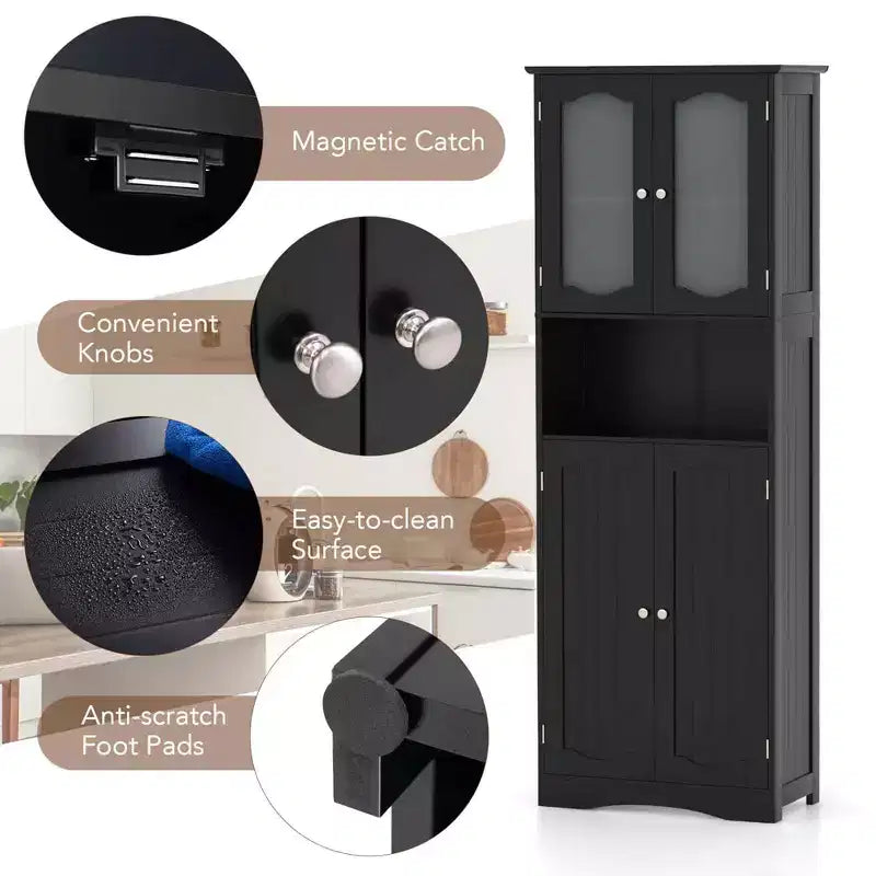 64.5 Tall Bathroom Cabinet with Tempered Glass Doors Adjustable Shelves White/Black