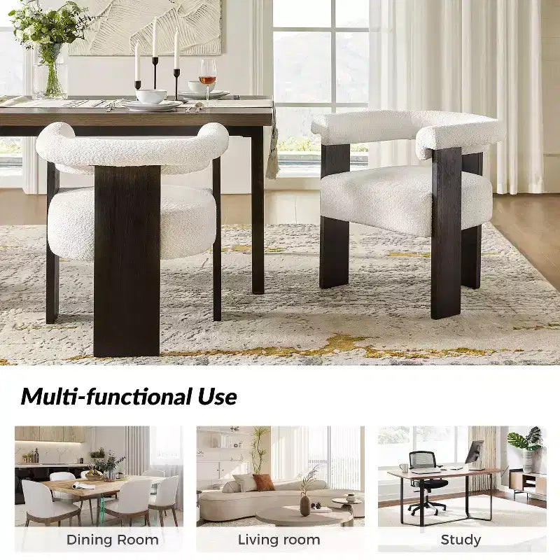 Boucle Dining Chair Set of 6 With Round Solid Back
