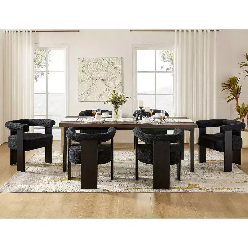 Boucle Dining Chair Set of 6 With Round Solid Back
