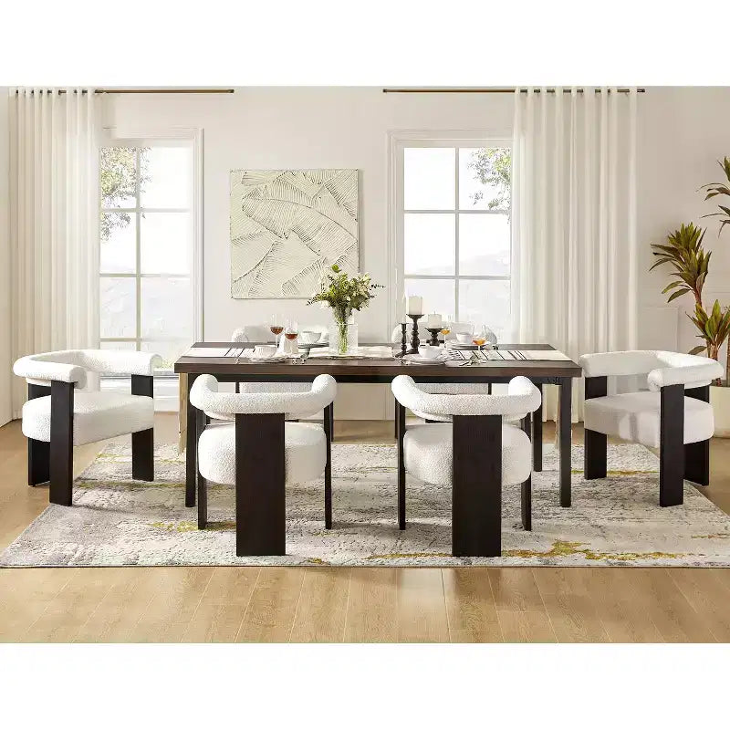 Boucle Dining Chair Set of 6 With Round Solid Back