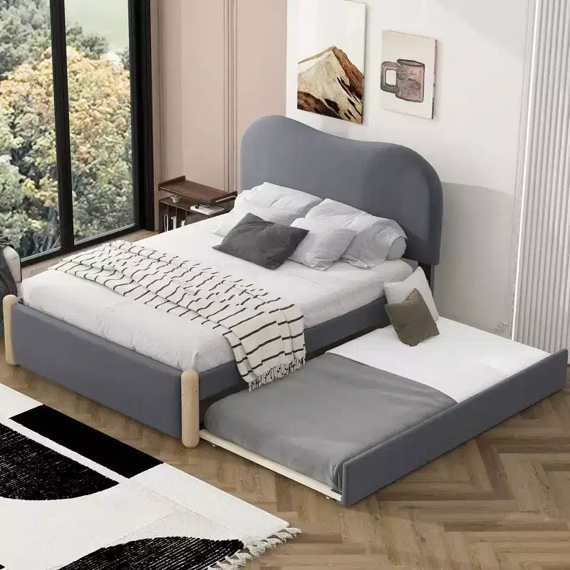 Full/Twin Size Upholstered Platform Bed Frame with Twin Size Trundle Bed -HABITRIO