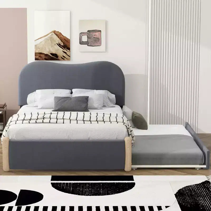 Full/Twin Size Upholstered Platform Bed Frame with Twin Size Trundle Bed