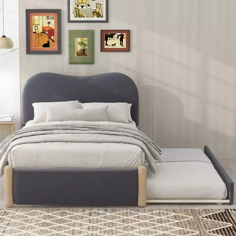 Full/Twin Size Upholstered Platform Bed Frame with Twin Size Trundle Bed