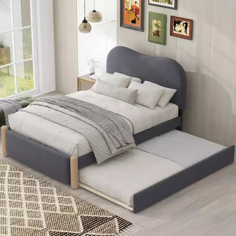 Full/Twin Size Upholstered Platform Bed Frame with Twin Size Trundle Bed
