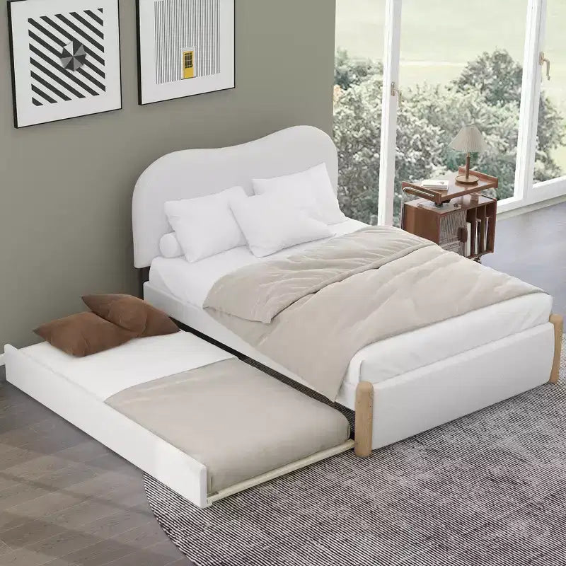 Full/Twin Size Upholstered Platform Bed Frame with Twin Size Trundle Bed