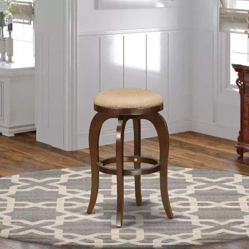 30 in.H Brown Finish Backless Wooden Counter Barstool in Round Shape with Faux Leather Upholstered