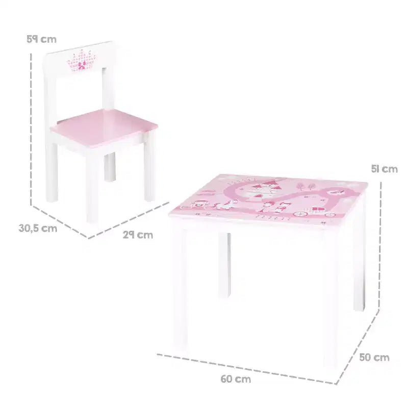 : Kids Wooden Table & 2 Chairs Set, Pink Princess theme
