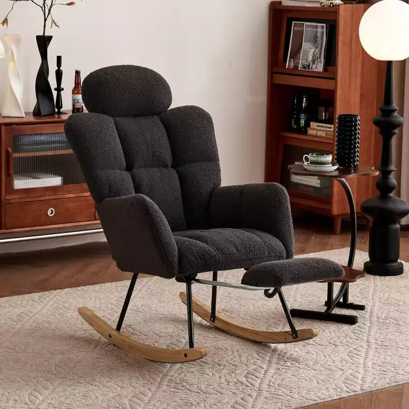 Teddy Fabric Upholstered Rocking Glider Chair, Mid Century Modern Accent Arm Chair with High Backrest and Pillows - ModernLuxe