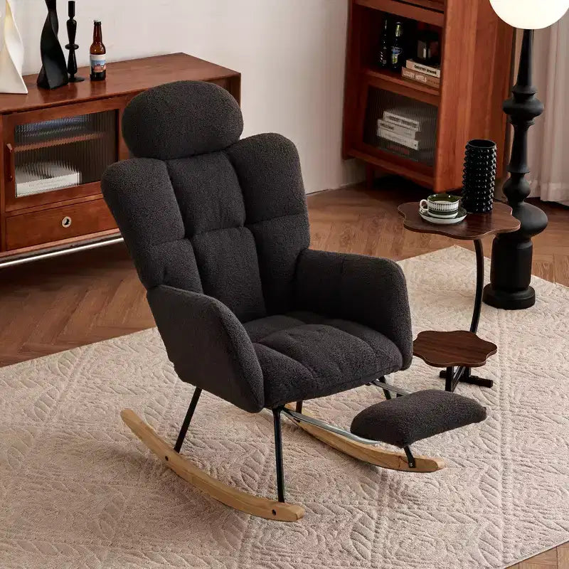 Teddy Fabric Upholstered Rocking Glider Chair, Mid Century Modern Accent Arm Chair with High Backrest and Pillows