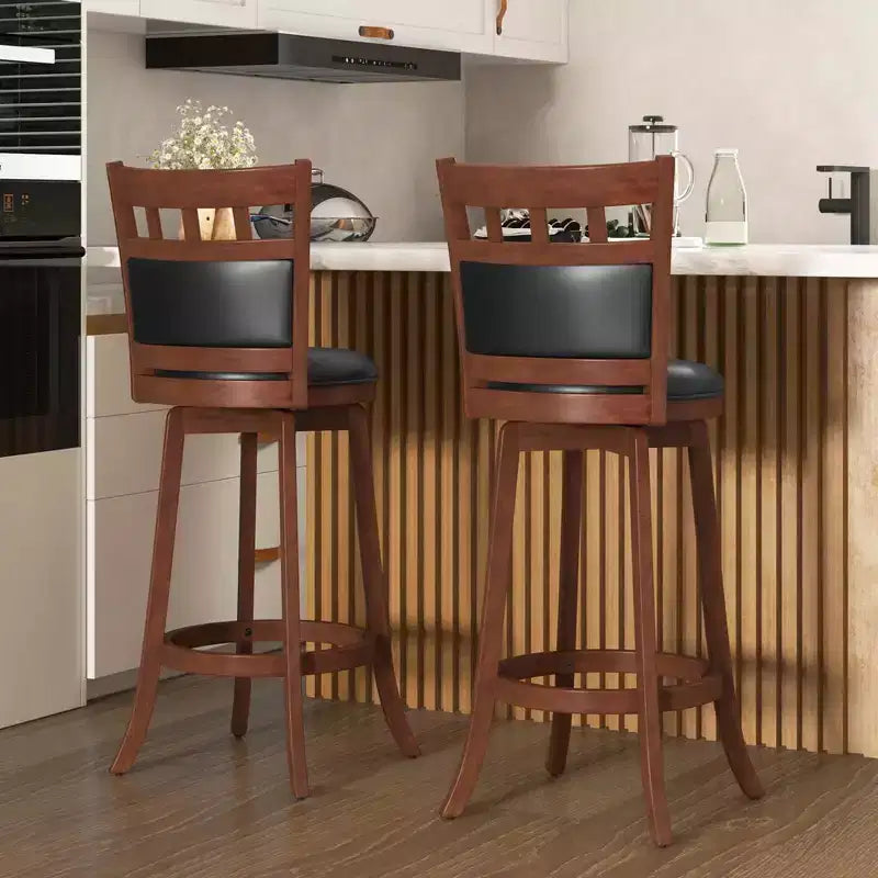 Wood Swivel Bar Stools Set of 2 with Faux Leather Upholstered Seat & Back