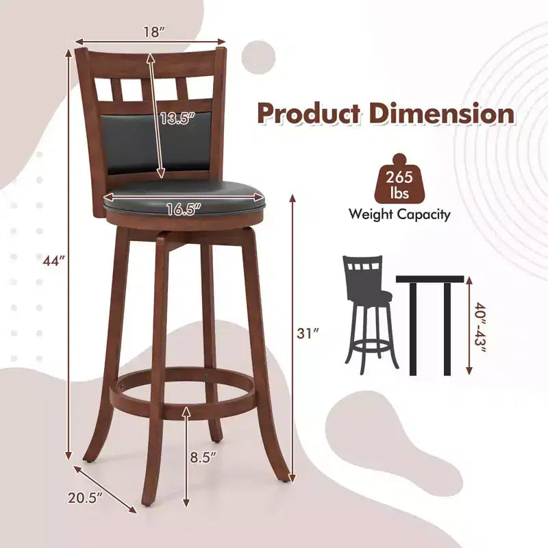 Wood Swivel Bar Stools Set of 2 with Faux Leather Upholstered Seat & Back