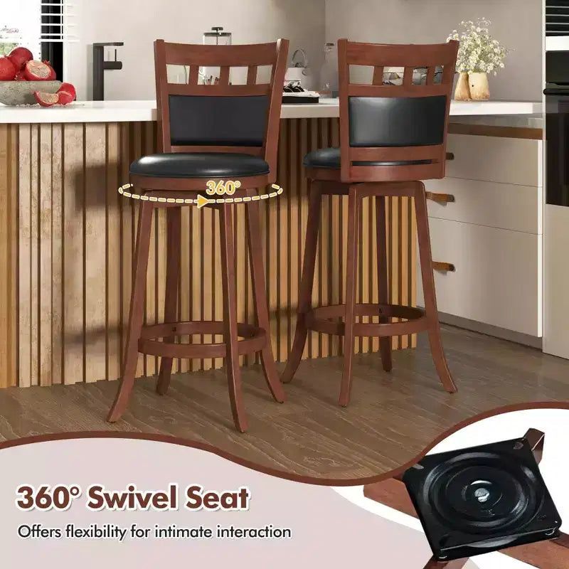 Wood Swivel Bar Stools Set of 2 with Faux Leather Upholstered Seat & Back