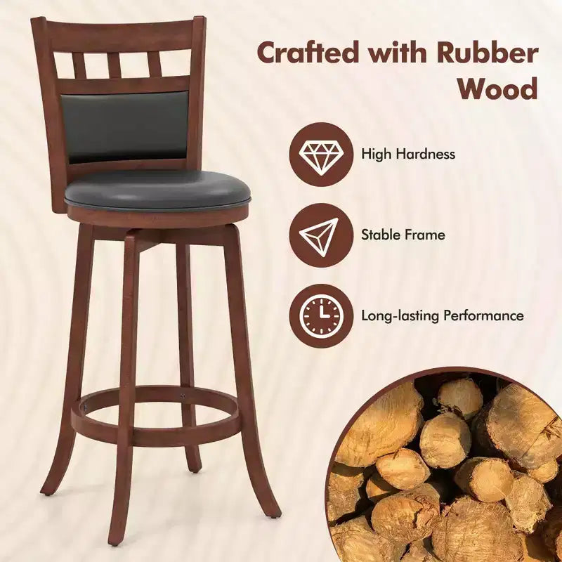 Wood Swivel Bar Stools Set of 2 with Faux Leather Upholstered Seat & Back