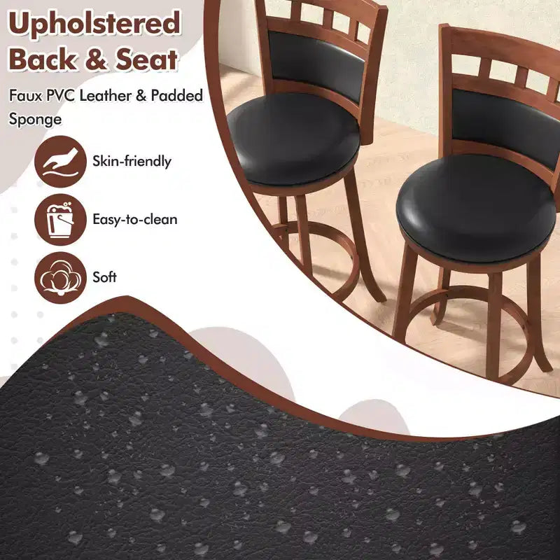 Wood Swivel Bar Stools Set of 2 with Faux Leather Upholstered Seat & Back