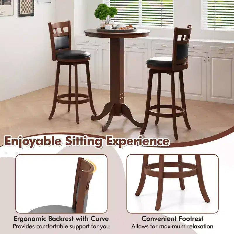 Wood Swivel Bar Stools Set of 2 with Faux Leather Upholstered Seat & Back