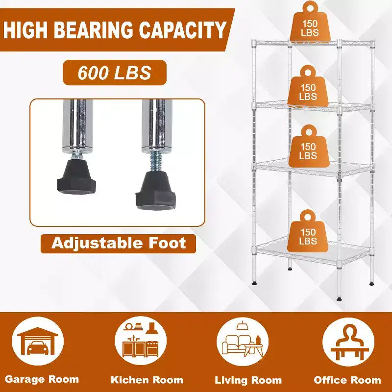 4-Tier Shelving Storage Shelves Garage Shelving Adjustable Shelf Total Bearing Capacity Multi-Functional Use for Home Office
