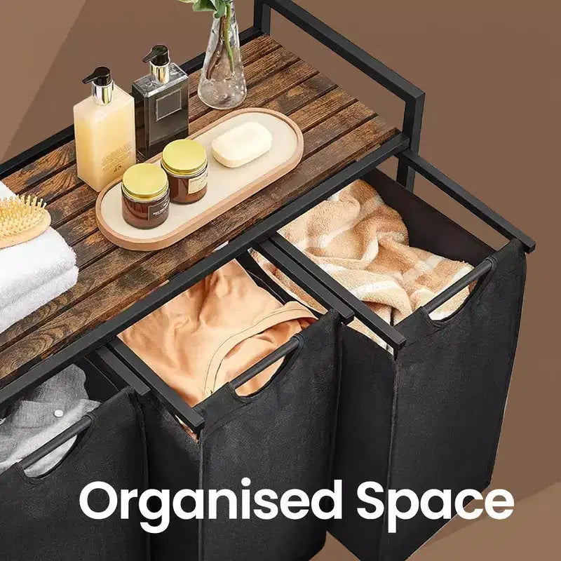 Laundry Hamper, Laundry Basket, Laundry Sorter with 3 Pull-Out and Removable Bags, Shelf, Metal Frame, 3 x 10 Gallons