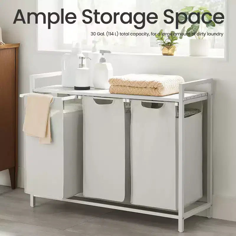 Laundry Hamper, Laundry Basket, Laundry Sorter with 3 Pull-Out and Removable Bags, Shelf, Metal Frame, 3 x 10 Gallons