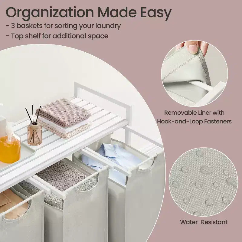 Laundry Hamper, Laundry Basket, Laundry Sorter with 3 Pull-Out and Removable Bags, Shelf, Metal Frame, 3 x 10 Gallons