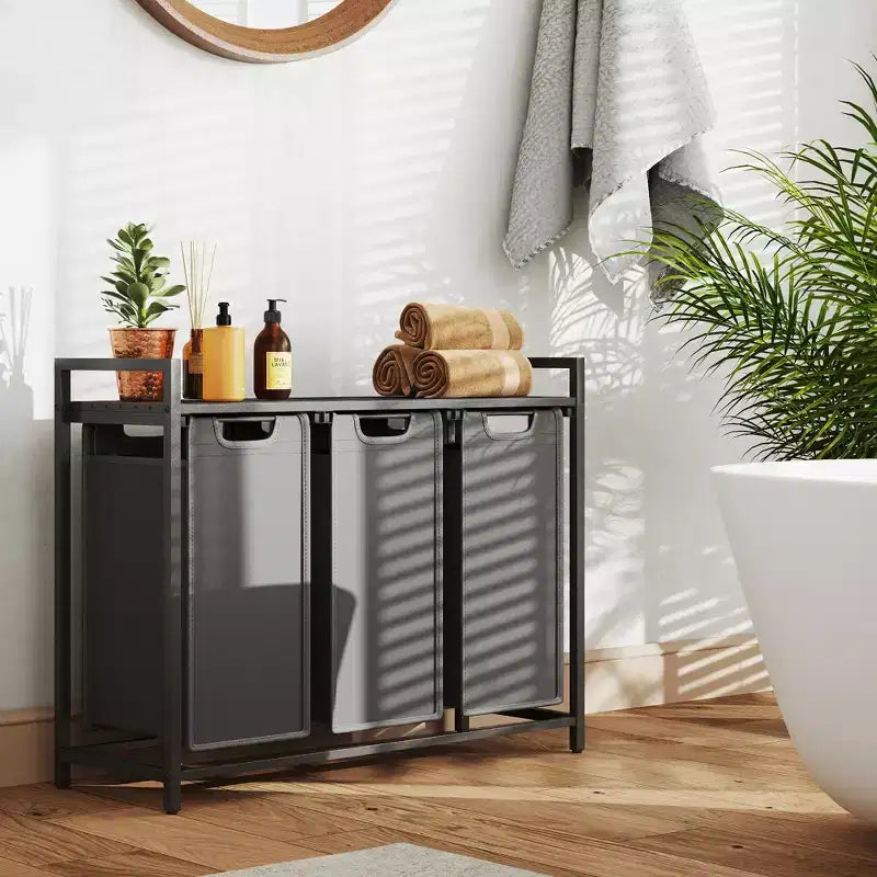 Laundry Hamper, Laundry Basket, Laundry Sorter with 3 Pull-Out and Removable Bags, Shelf, Metal Frame, 3 x 10 Gallons