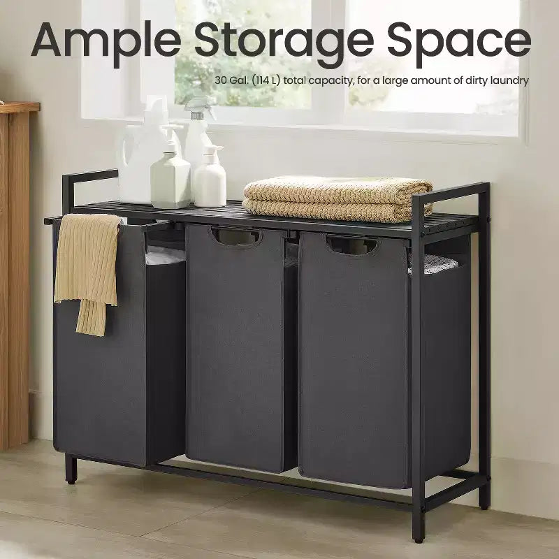 Laundry Hamper, Laundry Basket, Laundry Sorter with 3 Pull-Out and Removable Bags, Shelf, Metal Frame, 3 x 10 Gallons