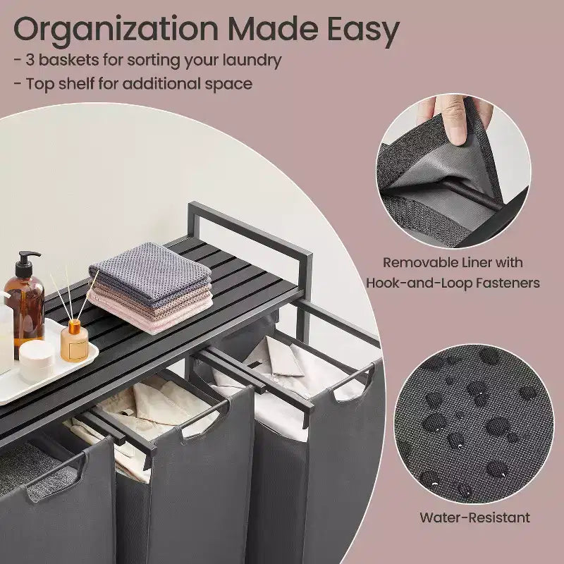 Laundry Hamper, Laundry Basket, Laundry Sorter with 3 Pull-Out and Removable Bags, Shelf, Metal Frame, 3 x 10 Gallons
