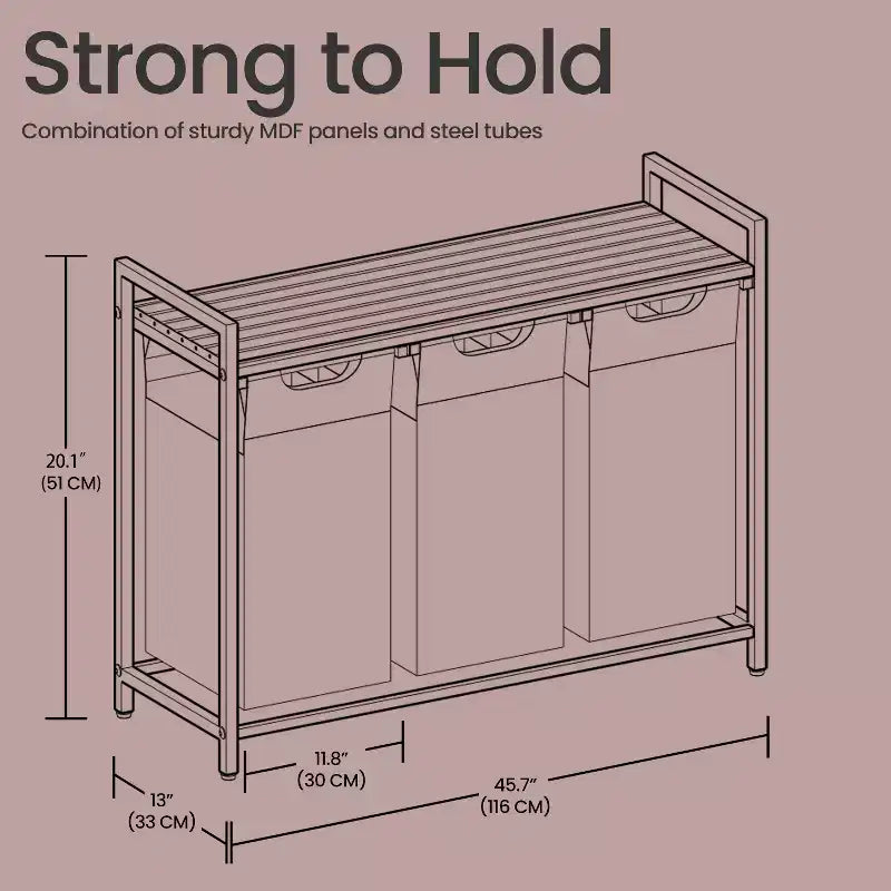 Laundry Hamper, Laundry Basket, Laundry Sorter with 3 Pull-Out and Removable Bags, Shelf, Metal Frame, 3 x 10 Gallons