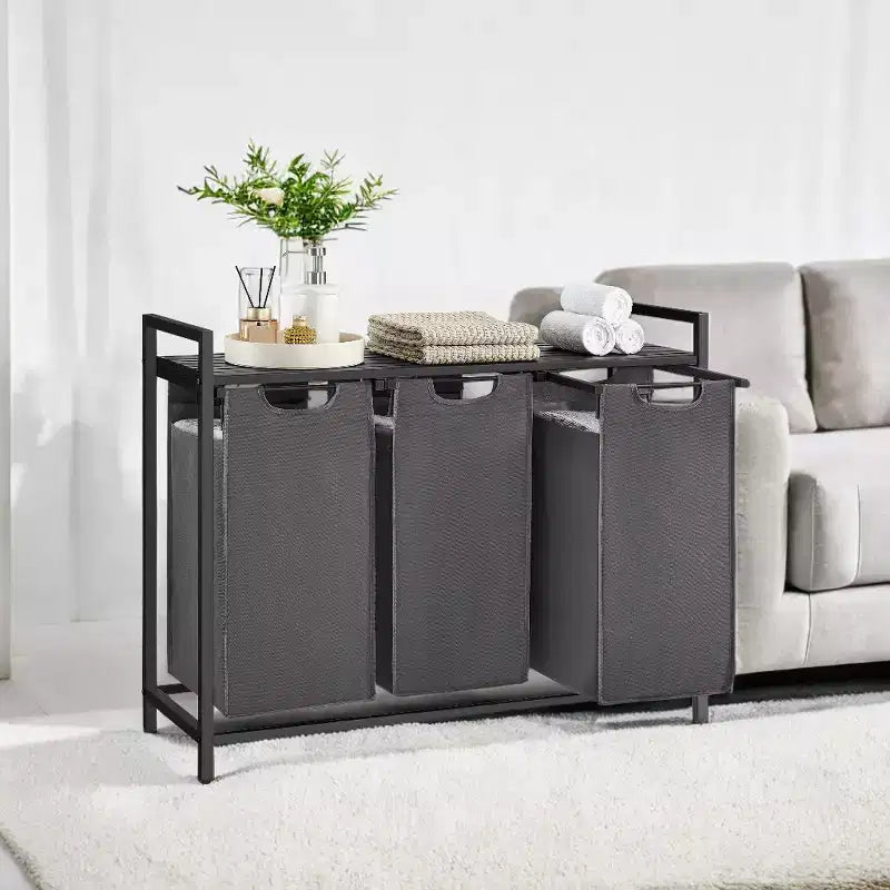 Laundry Hamper, Laundry Basket, Laundry Sorter with 3 Pull-Out and Removable Bags, Shelf, Metal Frame, 3 x 10 Gallons