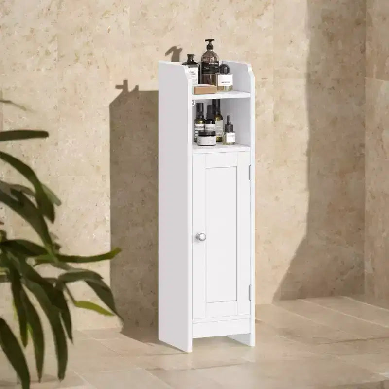 Small Floor Cabinet with Adjustable Shelves - White Narrow Storage Organizer