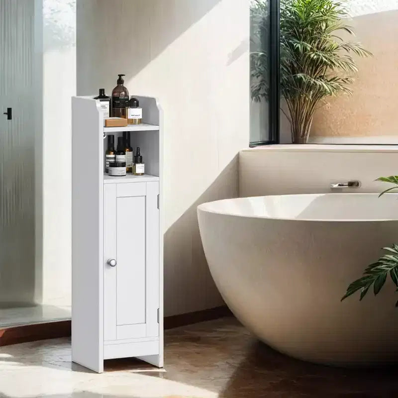 Small Floor Cabinet with Adjustable Shelves - White Narrow Storage Organizer