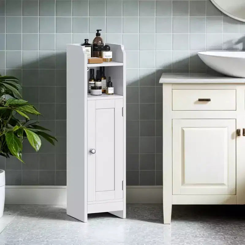 Small Floor Cabinet with Adjustable Shelves - White Narrow Storage Organizer
