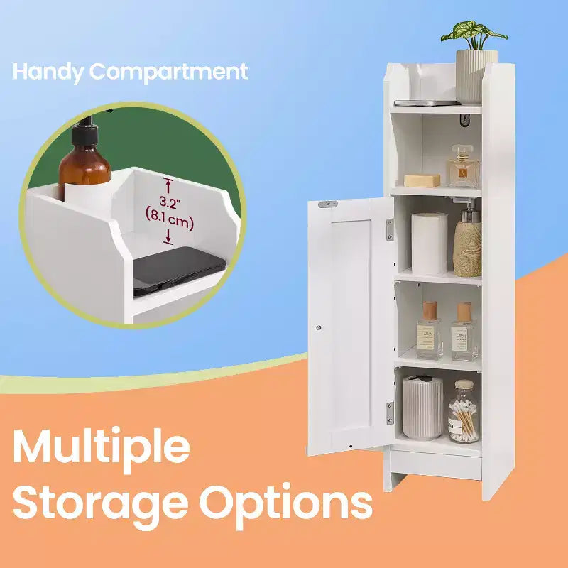 Small Floor Cabinet with Adjustable Shelves - White Narrow Storage Organizer