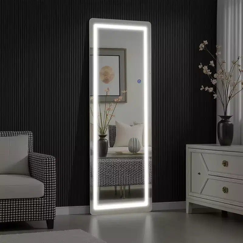 LED Aluminum Frameless Silver Full-Body Mirror with Round Corners