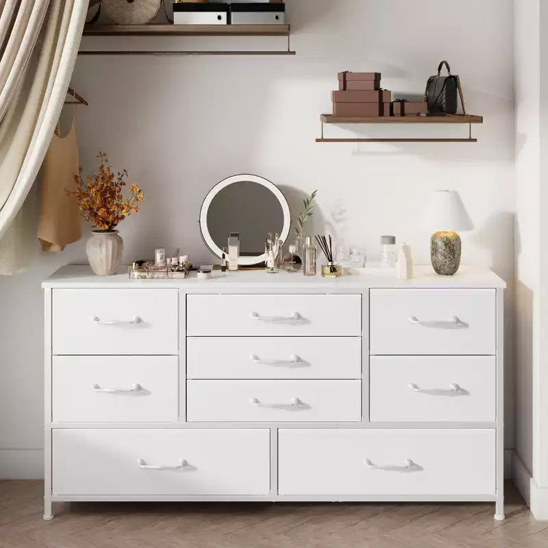 Modern White 9 Drawer Dresser Storage Chest of Drawers Wood Top Fabric Organizer Cabinet Large Bedroom Entryway 45 Inch TV Stand Console