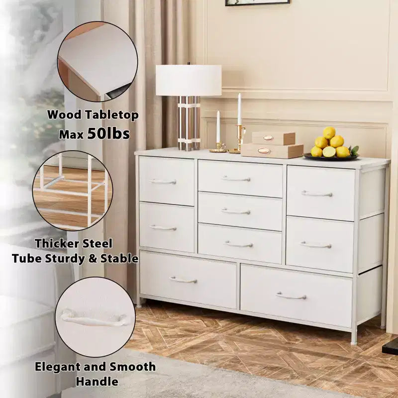 Modern White 9 Drawer Dresser Storage Chest of Drawers Wood Top Fabric Organizer Cabinet Large Bedroom Entryway 45 Inch TV Stand Console