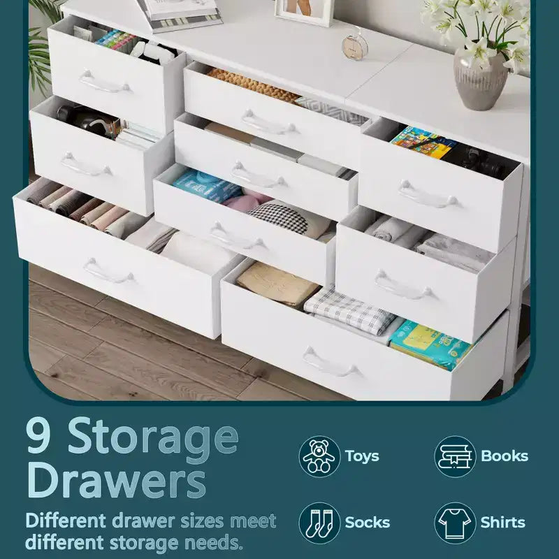 Modern White 9 Drawer Dresser Storage Chest of Drawers Wood Top Fabric Organizer Cabinet Large Bedroom Entryway 45 Inch TV Stand Console
