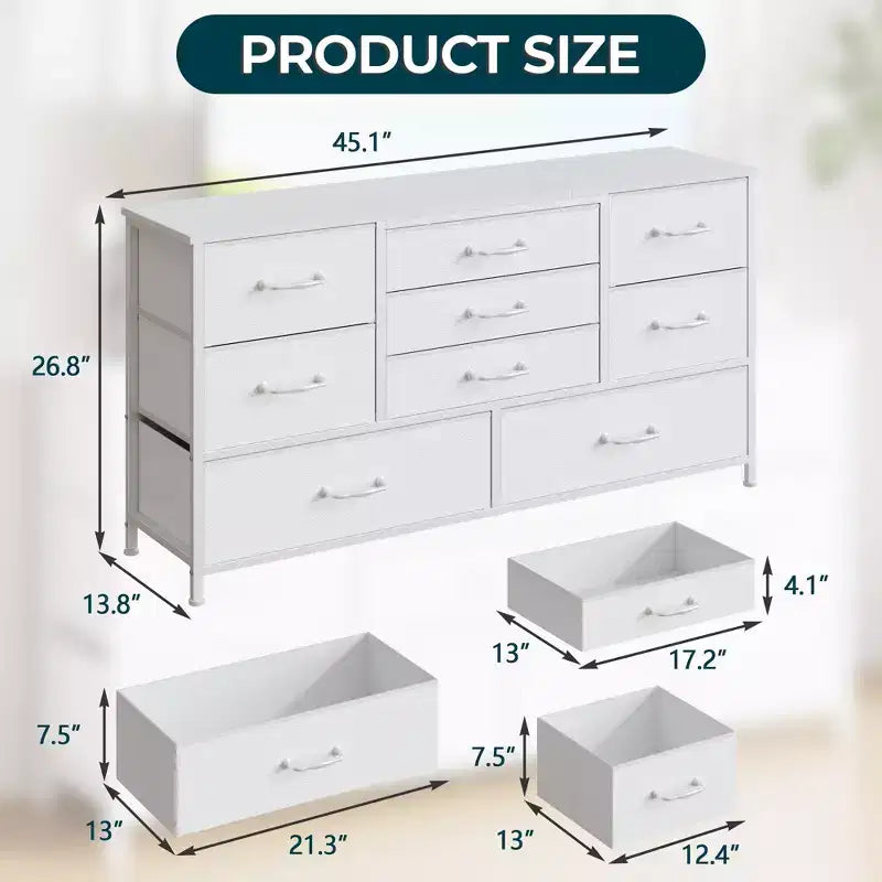 Modern White 9 Drawer Dresser Storage Chest of Drawers Wood Top Fabric Organizer Cabinet Large Bedroom Entryway 45 Inch TV Stand Console